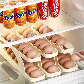 Выдвижная коробка для яиц, автоматический держатель для яиц, подставка для яиц, Двухслойный ящик для хранения холодильника, Кухонная столешница для яиц от падения