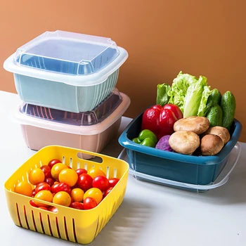 Кухонная Двухслойная корзина для слива 3 В 1 Коробка с крышкой Многофункциональный Холодильник Контейнер для хранения хрустящей корочки Органайзер для овощей