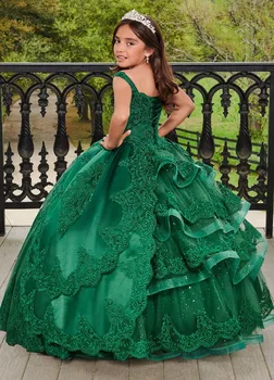 Роскошные зеленые платья, бальное платье, кружевные бусины, фатиновые аппликации с V-образным вырезом, платья для девочек в цветочек Для свадеб, платья для конкурсов красоты