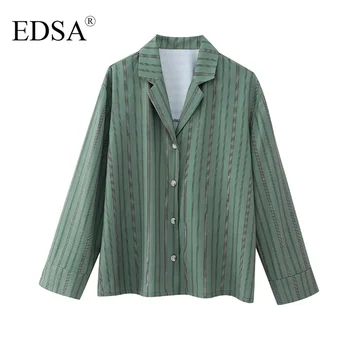 Женская винтажная рубашка EDSA с зеленым принтом, удлиненный воротник, Длинные рукава с манжетами, Однобортный асимметричный подол, Боковые вырезы